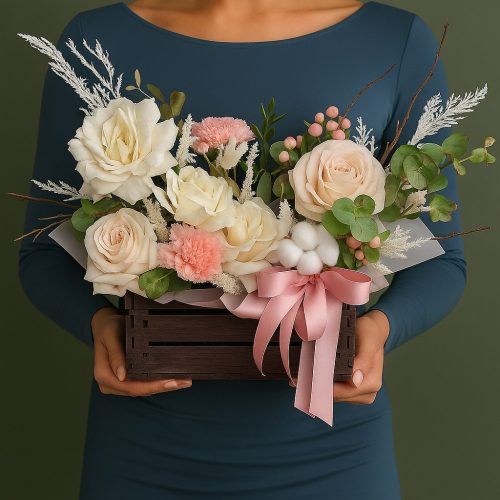 Композиция в коробке «Пудровая нежность с розами и гвоздиками»